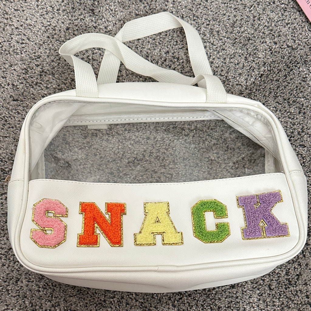 White Clear Tote Bag With Colorful Snack Letters